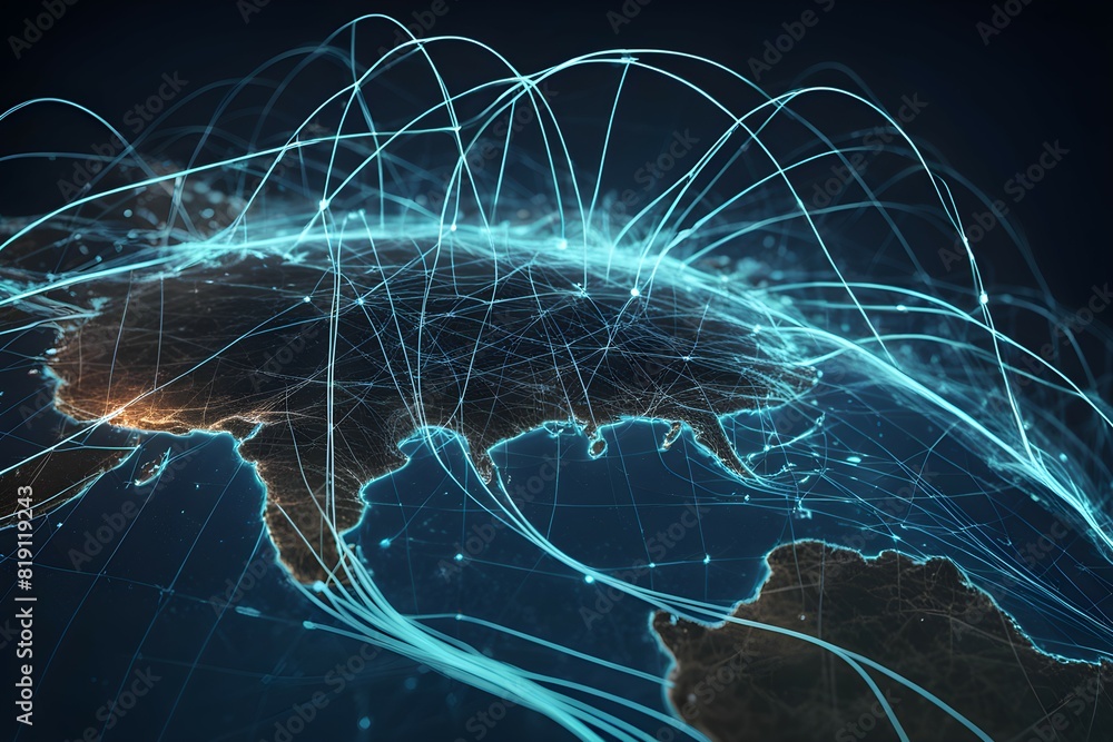 Poster global network connectivity depicted as a stylized data map. technology data background