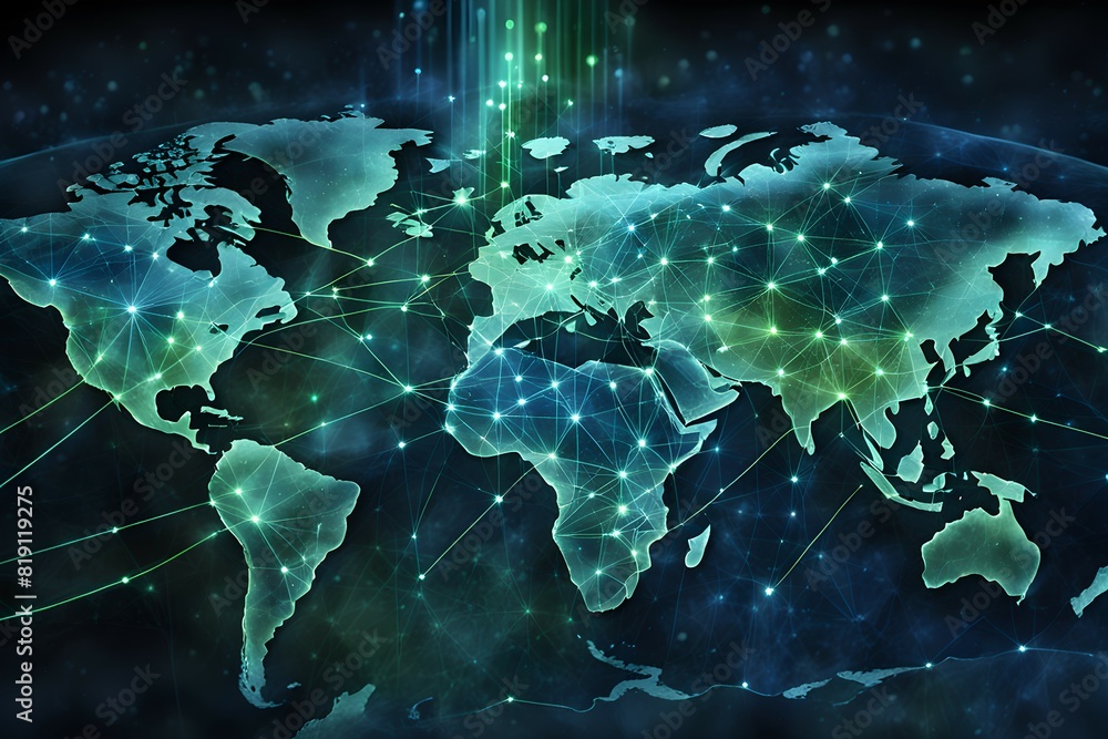 Poster global network connectivity depicted as a stylized data map. technology data background