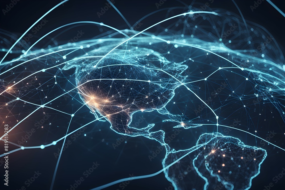 Poster global network connectivity depicted as a stylized data map. technology data background