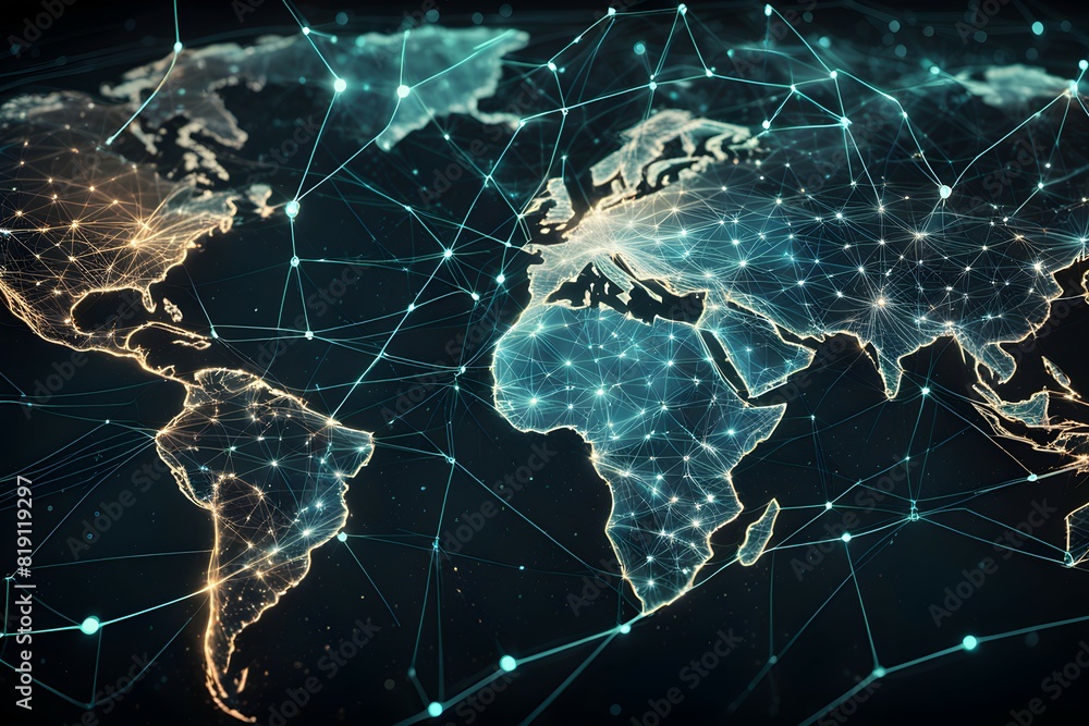 Poster global network connectivity depicted as a stylized data map. technology data background