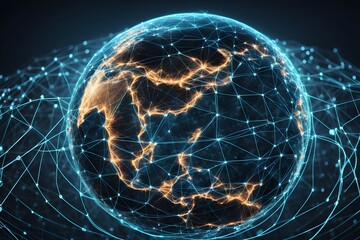 Global network connectivity depicted as a stylized data map. Technology data background