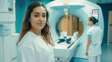 Hospital Radiology Room. Beautiful Latin Woman Standing while Female Radiologist Adjusts X-Ray Machine