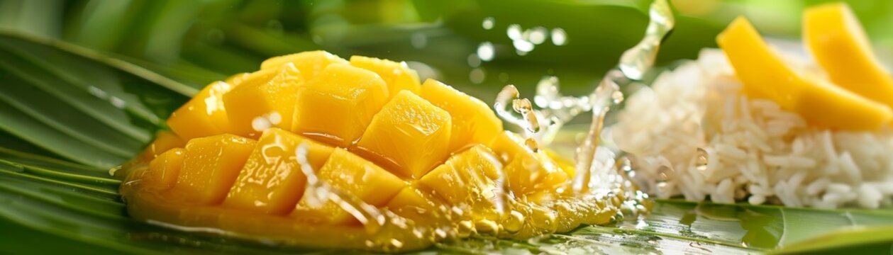 Mango sticky rice, ripe mango slices and sweet coconut milk, served on a banana leaf, vibrant orchard setting