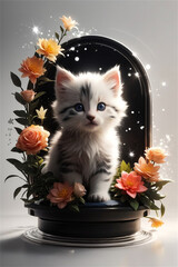little cute white cat, kitten, with flowers on the sides.