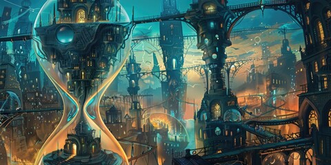  Hourglass city, the world of time, fantastic surreal illustration.