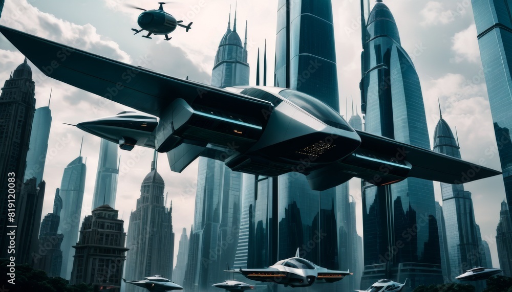 Poster a dynamic futuristic cityscape with flying cars and drones navigating between towering skyscrapers u