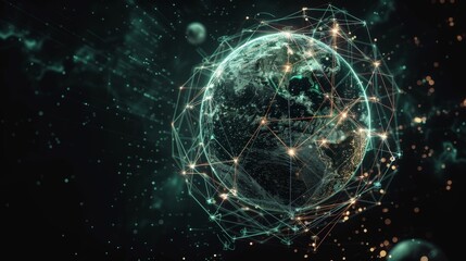 Global Connectivity: Futuristic Earth Globe with Glowing Network Nodes in Sci-Fi Web Pattern on Dark Background