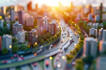 A vibrant miniature cityscape at sunset, showcasing high-rises, highways, and bustling traffic bathed in warm sunlight.
