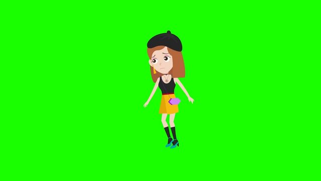 beautiful cute cartoon fashion girl walking tiptoe reaction 2d animation and background, animated cartoon character lady walking tiptoe, women, beauty 4k