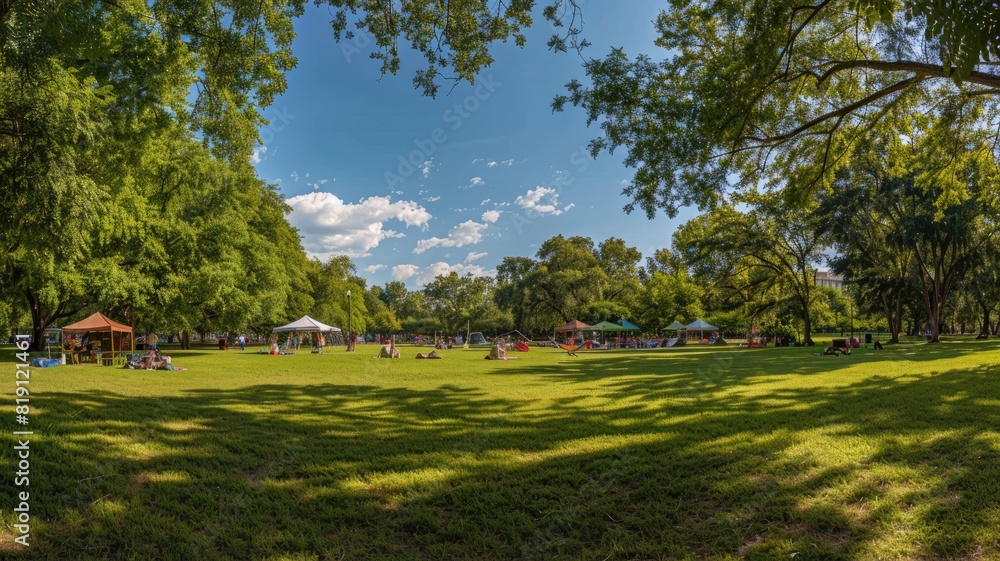 Wall mural people relaxing in sunny park with trees and tents around