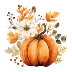 Cute watercolor fall autumn pumpkin with flowers, halloween decoration, autumn decoration, illustration