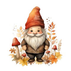 Cute watercolor fall gnome in autumn garden, illustration