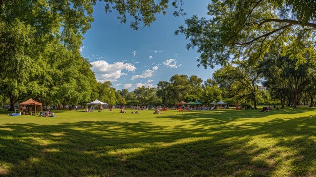 People relaxing in sunny park with trees and tents around