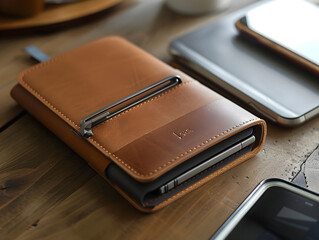 Stylish Leather Notebook and Tech Devices on Rustic Wooden Desk Modern Office Setup with Laptop, Tablet, Smartphone Minimalist Design in Soft Natural Lighting for Professional Work Environment