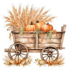 Cute watercolor hayride with pumpkin and fall leaves, illustration
