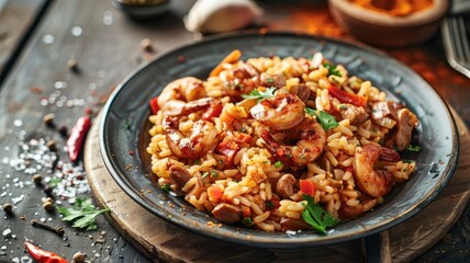 Fototapeta premium Flavorful seafood and rice dish with vegetables on black plate