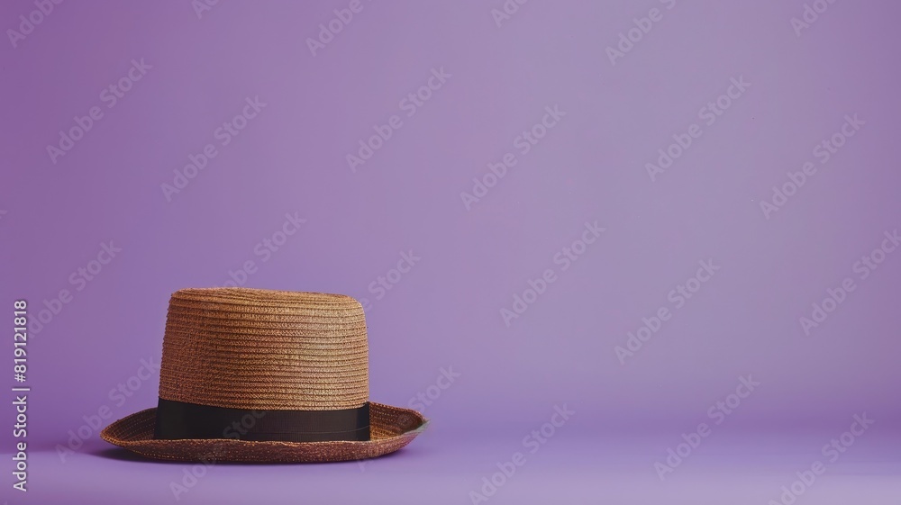 Wall mural Brown straw hat with black ribbon on purple background