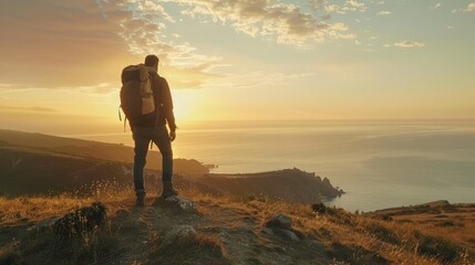 Fototapeta premium backpacker. a male hiker standing alone on a coastal hill. generative ai