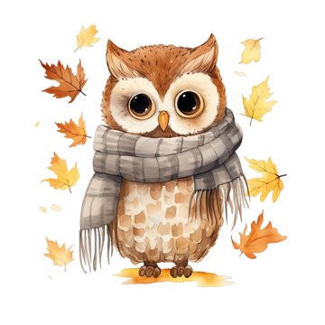 recommend clip art: Cute watercolor owl with scarf in fall autumn time with leaves, illustration