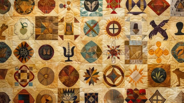 Colorful quilt with intricate geometric patterns and symbolic designs