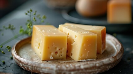 Several slices of cheese on a ceramic tray
