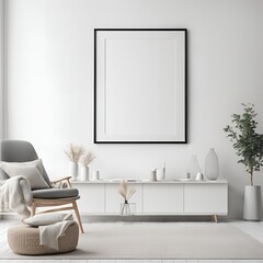 An empty poster frame mockup adorning the walls of a serene Scandinavian white style living room interior, creating a sense of tranquility