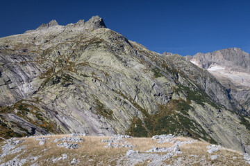 View of Swiss Alps on the Grimsel mountain pass, by Räterichsbodensee (Räterichsboden Lake), Switzerland