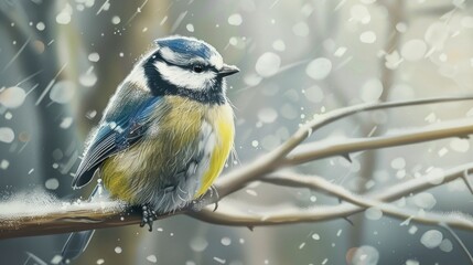 Fototapeta premium Illustration of a blue tit bird sitting on a tree branch in the snow