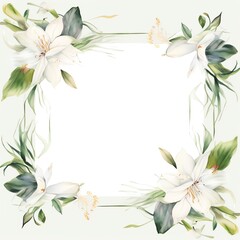 An elegant wedding frame with white lilies and eucalyptus leaves, watercolor style, blank center for copy space. -ar 3:2