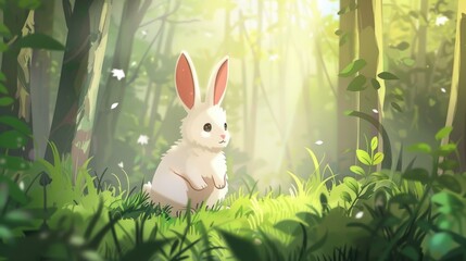  Illustration of a cute white rabbit sitting in a forest - animated cartoon