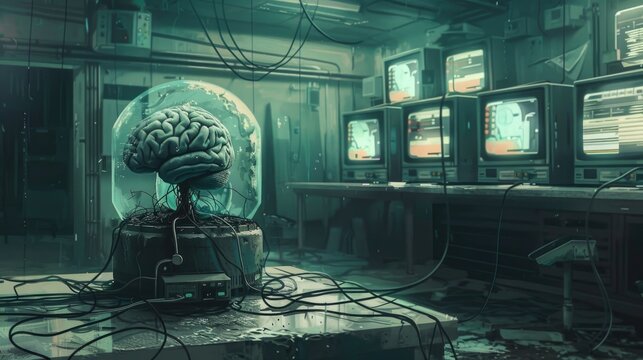  illustration of a brain in a jar sitting in an old lab, wires everywhere connect it to a row of monitors and glowing computer screens
