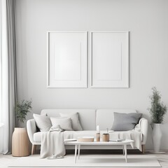 An empty horizontal poster frame mockup adorning the walls of a serene Scandinavian white style living room interior, creating a sense of tranquility