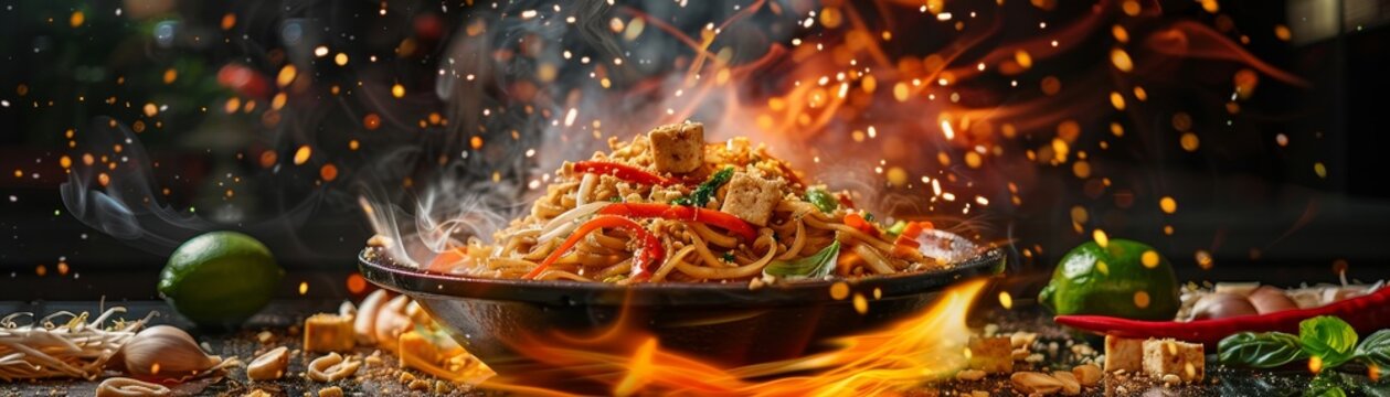 Pad thai, stirfried rice noodles with tofu and eggs, vibrant Bangkok night market
