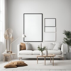 An vertical empty  poster frame mockup adorning the walls of a serene Scandinavian white style living room interior, creating a sense of tranquility