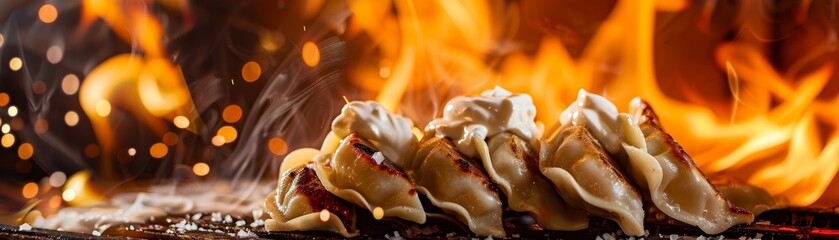 Pierogi, served with a dollop of sour cream and onions, Polish street festival
