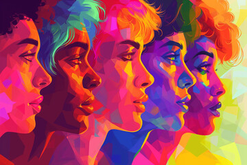 A poster features several lgbt people with different colored hair, in the style of pop art...