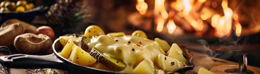 Raclette, melted cheese scraped onto potatoes and pickles, cozy Swiss mountain lodge