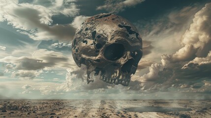 Floating Skull in Surreal Desert Landscape
