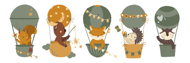 Vector illustration with forest animals. A wolf, a hare, a badger, a bear and a hedgehog are flying in balloons. Set of animals in cartoon style on a white background.