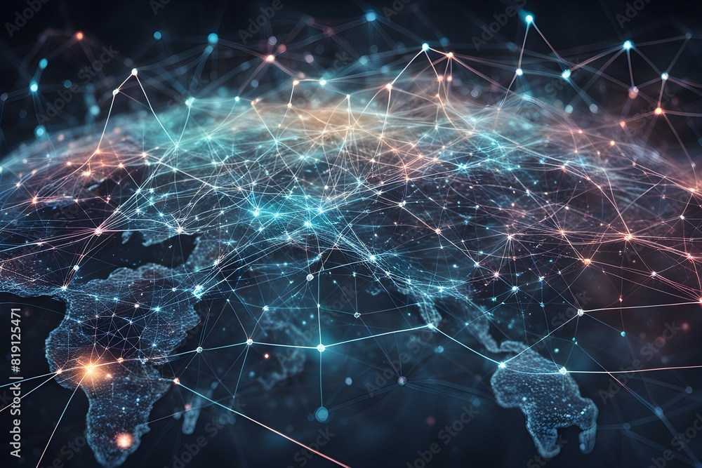 Poster global network connectivity depicted as a stylized data map. technology data background