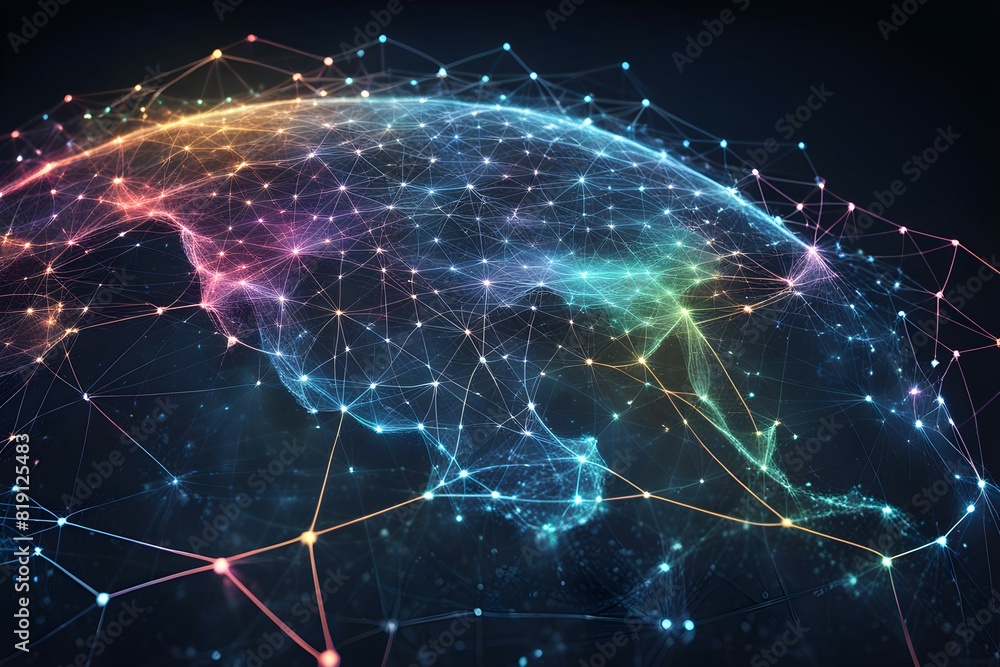 Poster global network connectivity depicted as a stylized data map. technology data background