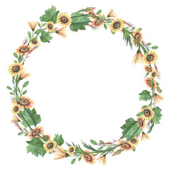 Decorative floral wreath design with watercolor sunflowers and green leaves. Hand painted aquarelle botany blooming flowers in a floral wreath with copy space