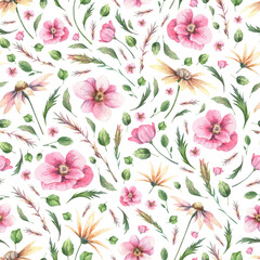 Watercolor seamless wallpapers with cute pink blooming flowers, branches and leaves. Hand painted aquarelle floral seamless pattern. Wrapping paper and textile delicate design