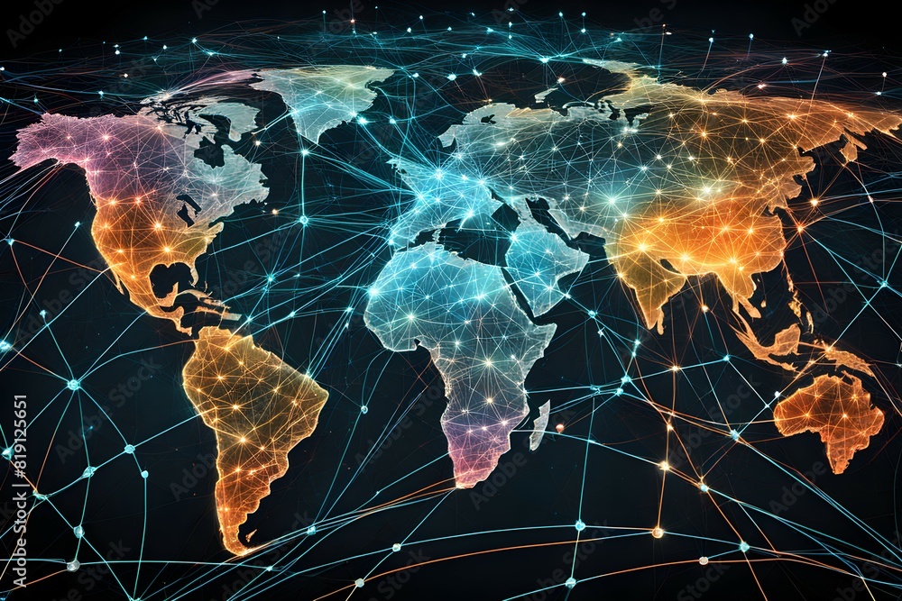 Poster global network connectivity depicted as a stylized data map. technology data background