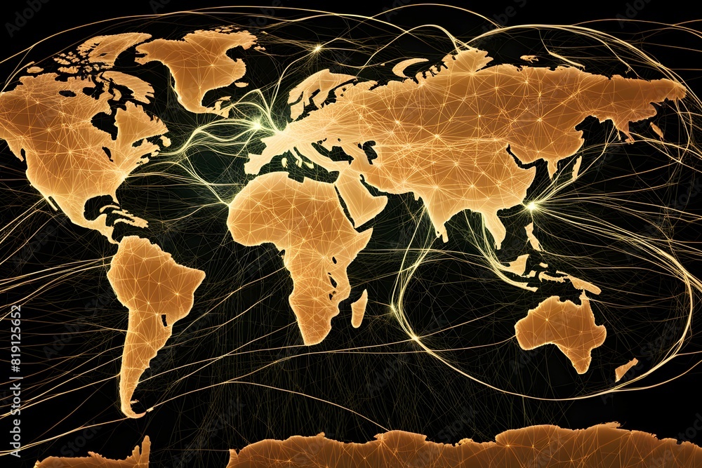 Poster global network connectivity depicted as a stylized data map. technology data background