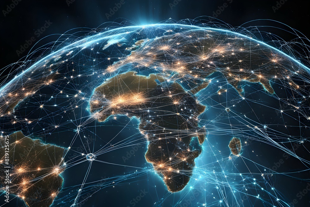 Poster global network connectivity depicted as a stylized data map. technology data background