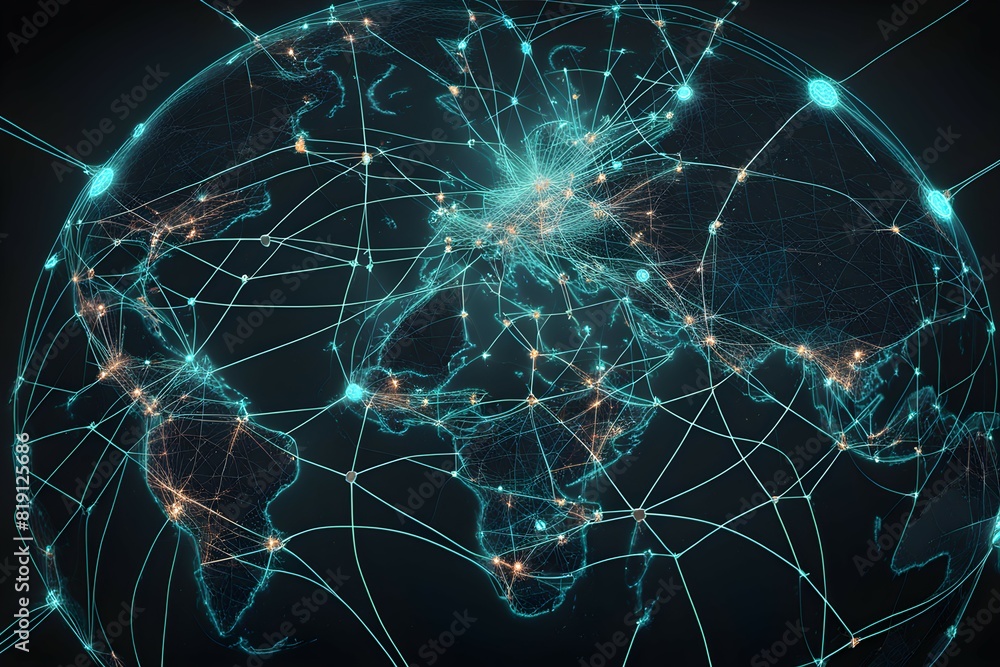Poster global network connectivity depicted as a stylized data map. technology data background