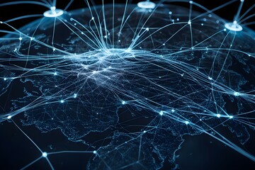Global network connectivity depicted as a stylized data map. Technology data background