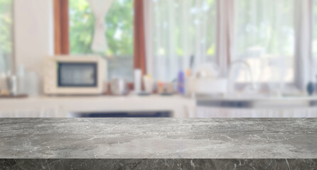 grey emperador marble stone table top on blur cafe minimal kitchen counter at background in bright...
