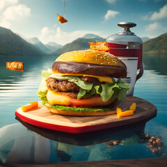 Ai Generated delicious hamburger image on river